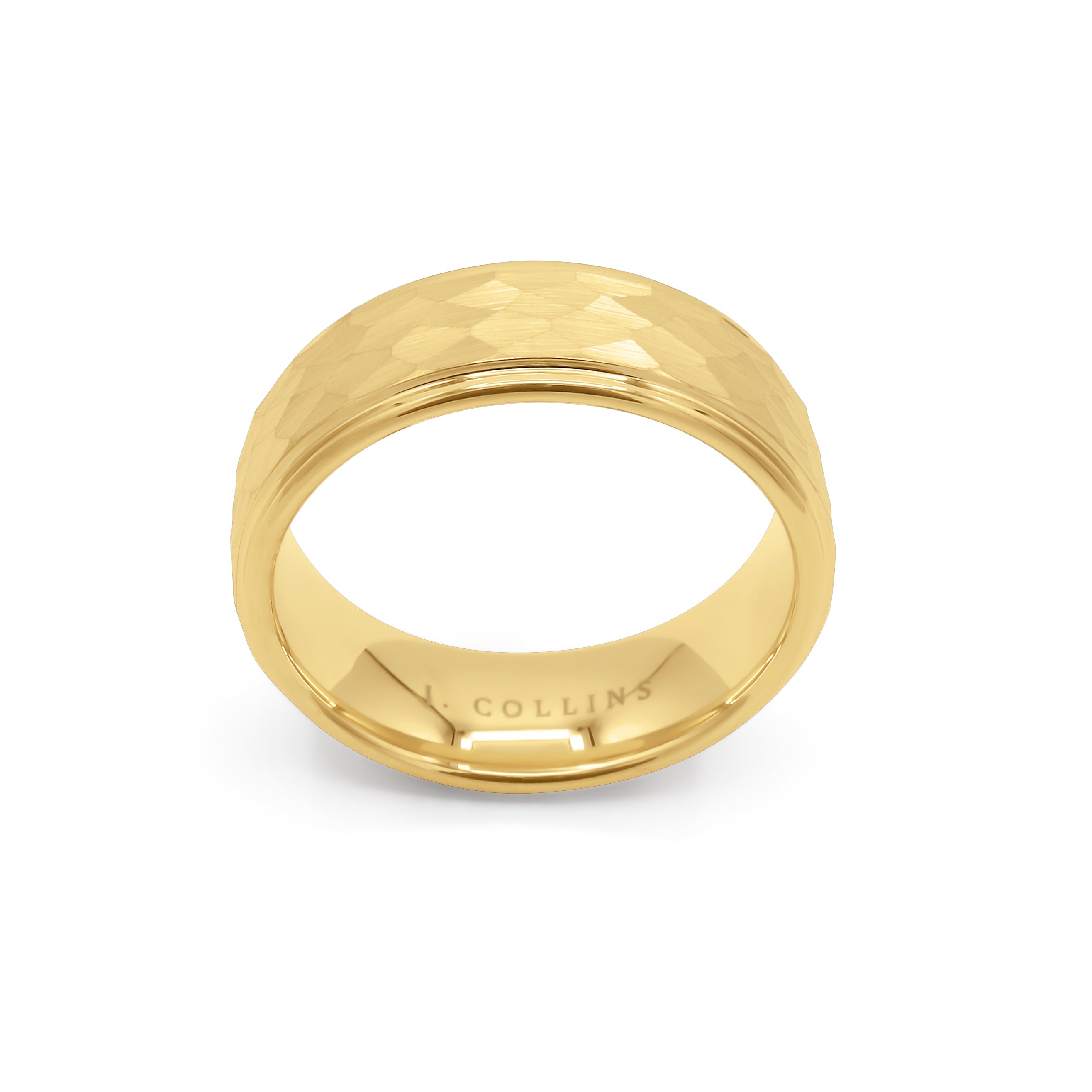 The Monarch 8mm (Gold) Ring with 'j.Collins' branding on a white background