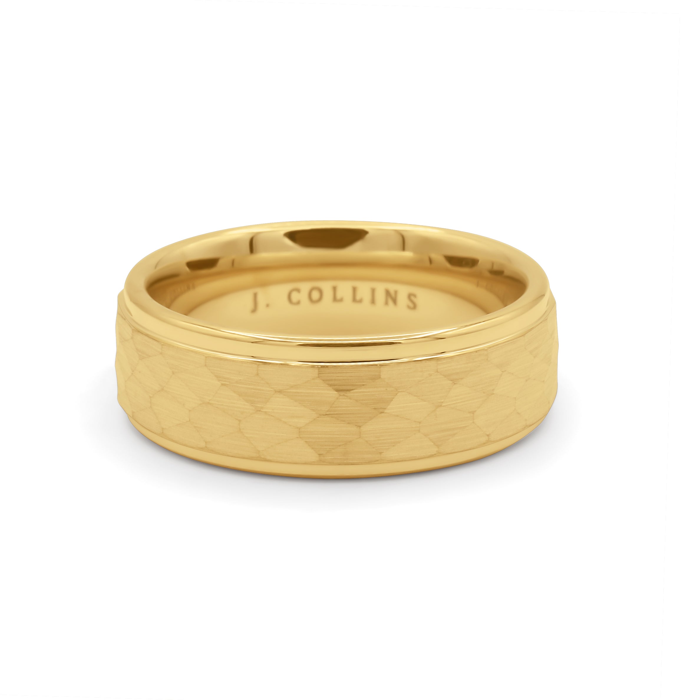 The Monarch 8mm-gold Ring with 'J. Collins' engraving on a white background