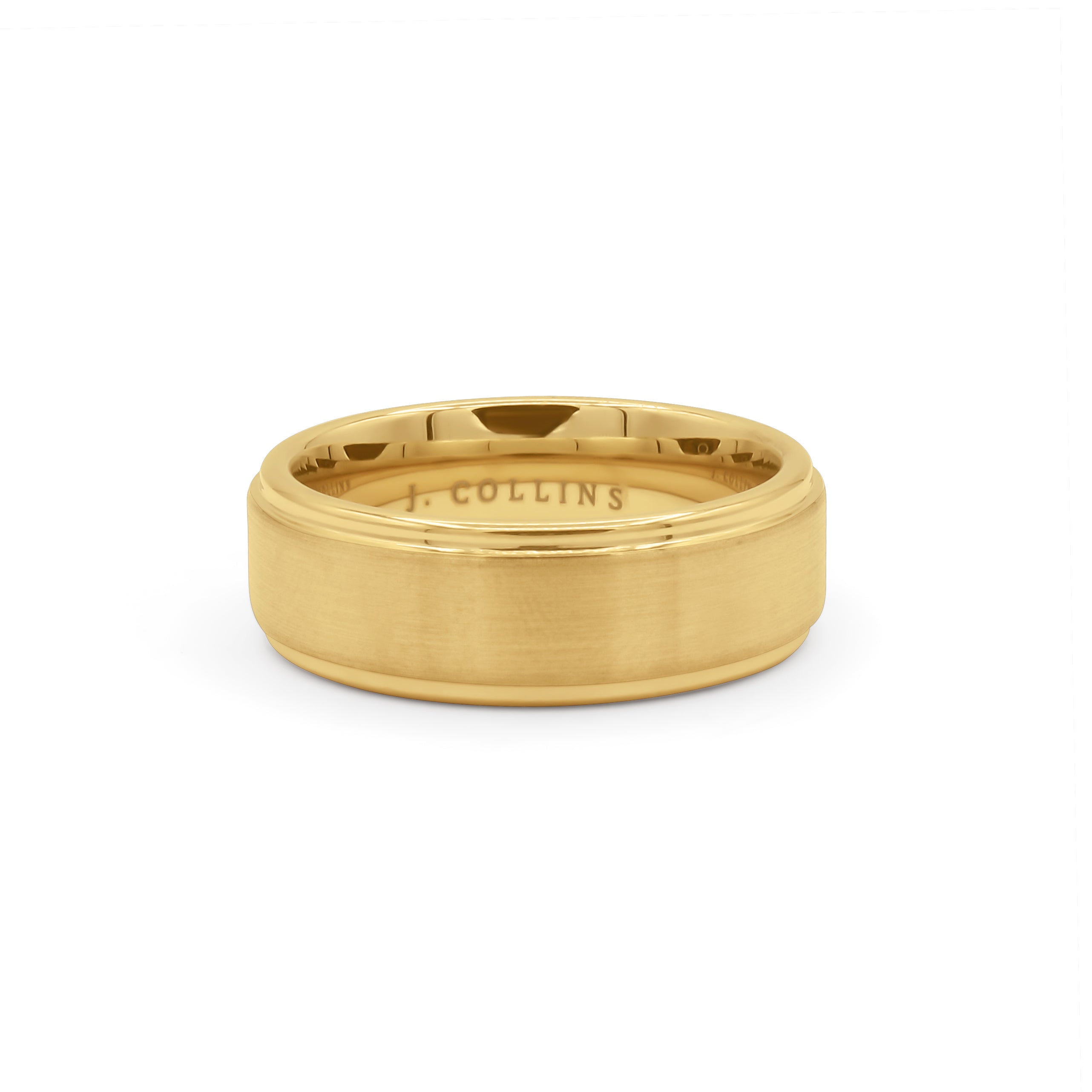 The Regent 6mm (Gold) ring with 'J. Collins' engraving on a white background
