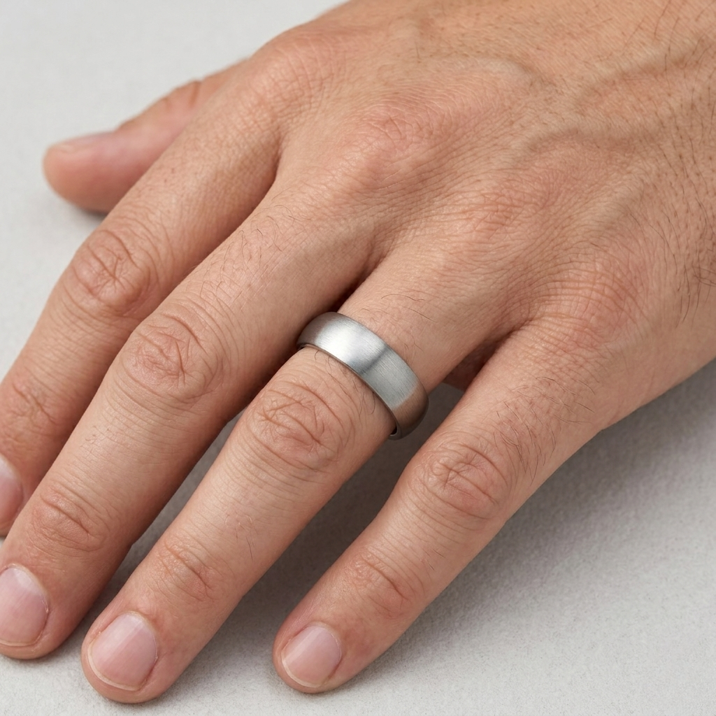 Hand wearing a silver ring on a light gray background-J.Collins Jewelry