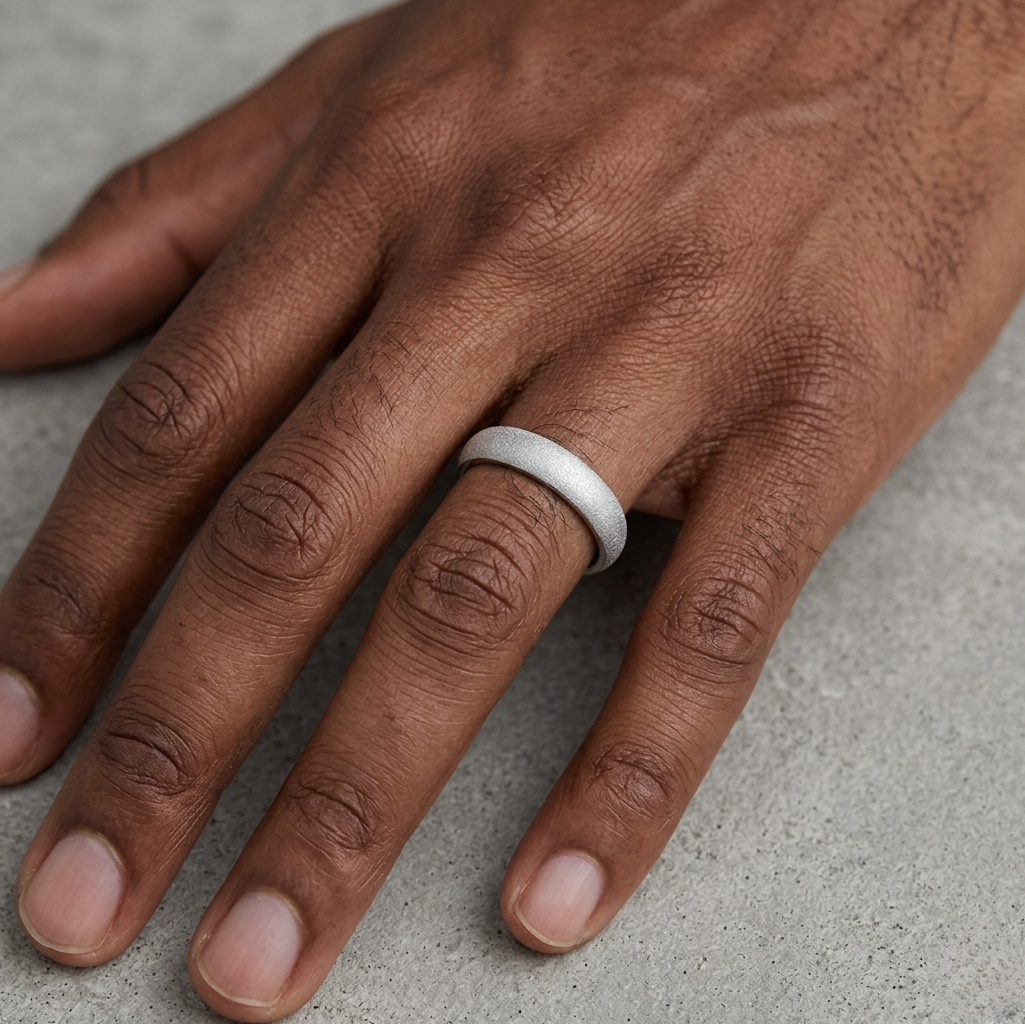 Hand wearing a silver ring on a neutral background-J.Collins Jewelry