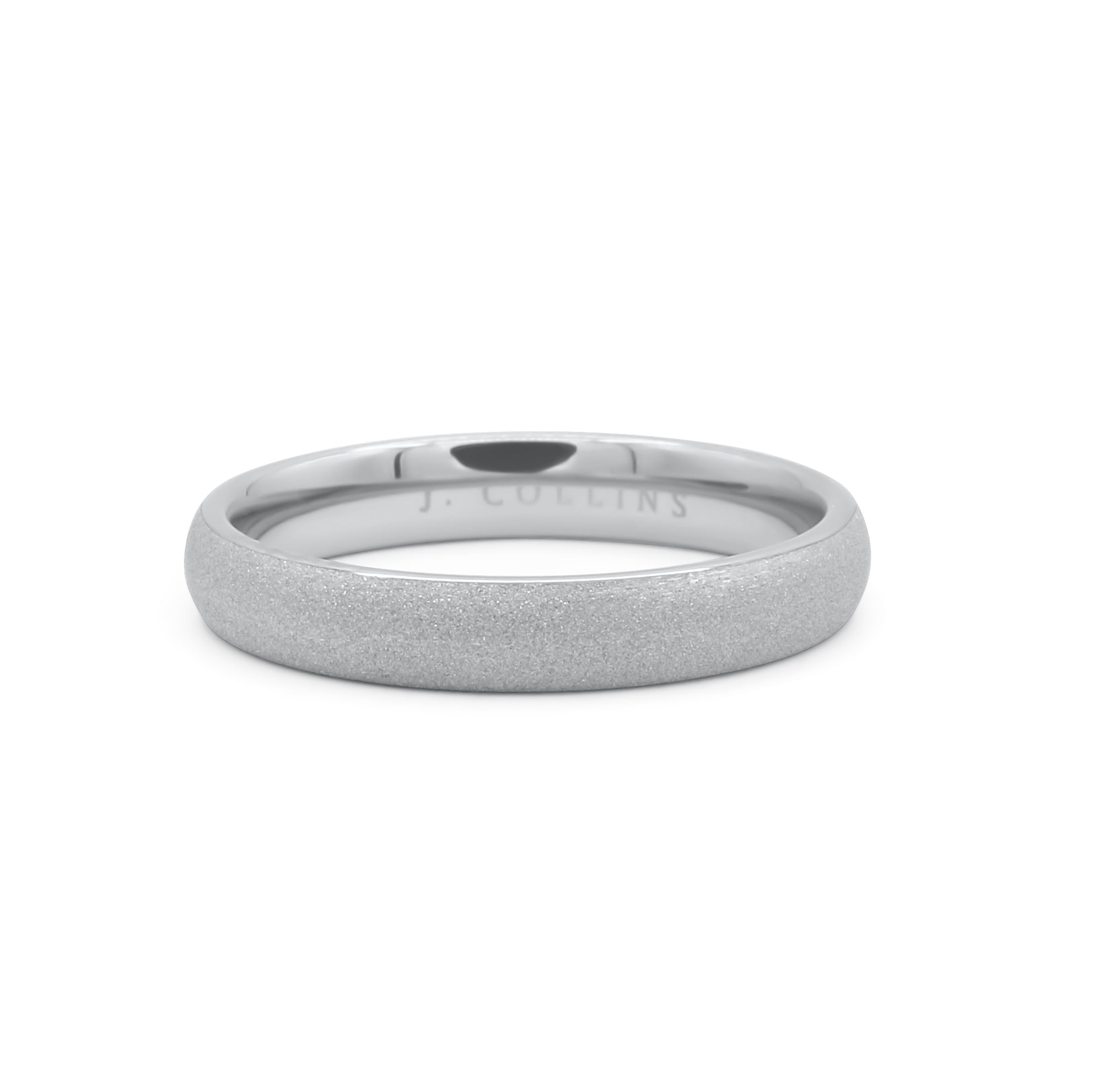 The Titan (4mm) ring with 'J. Collins' engraving on a white background