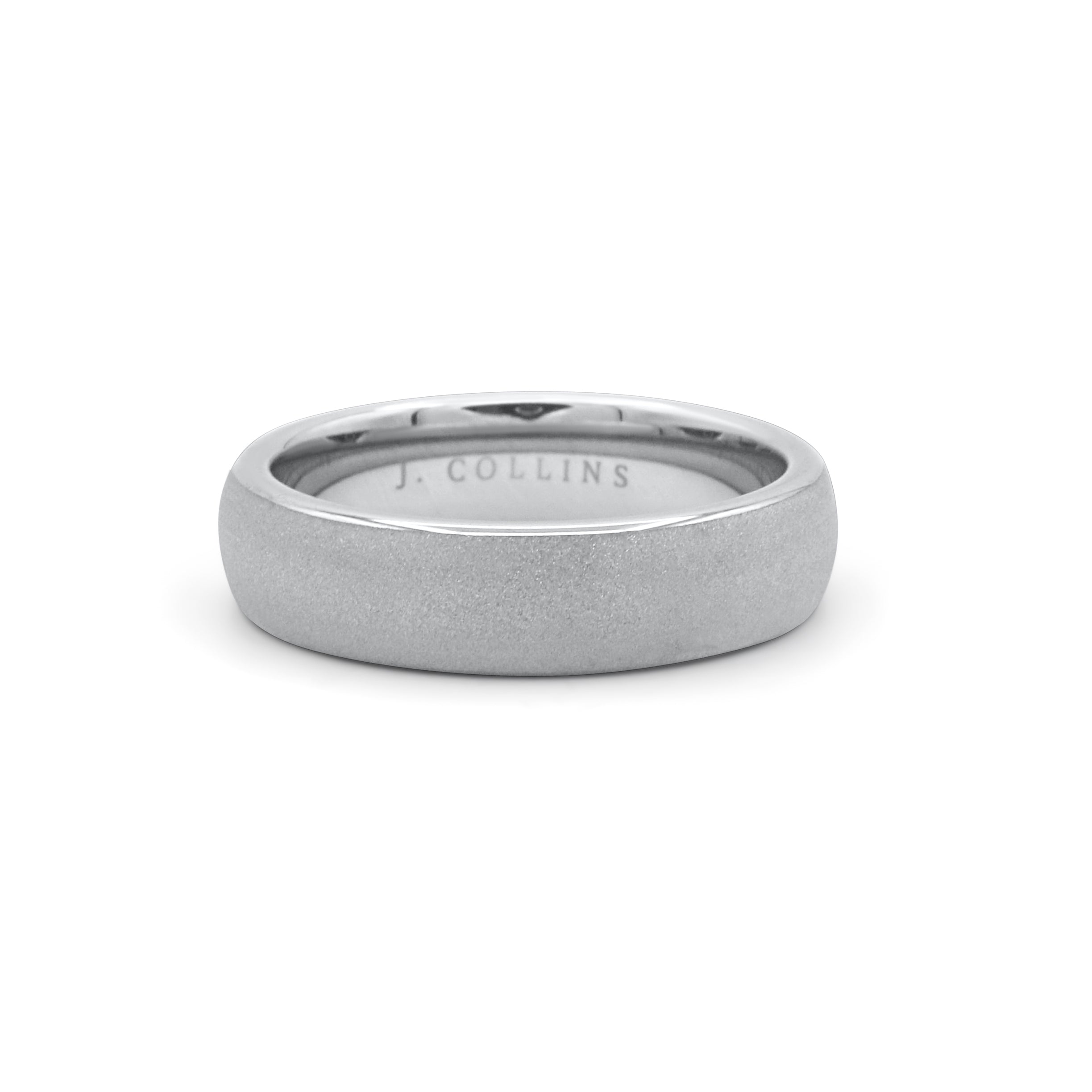 The Titan (6mm) ring with 'J. Collins' engraving on a white background