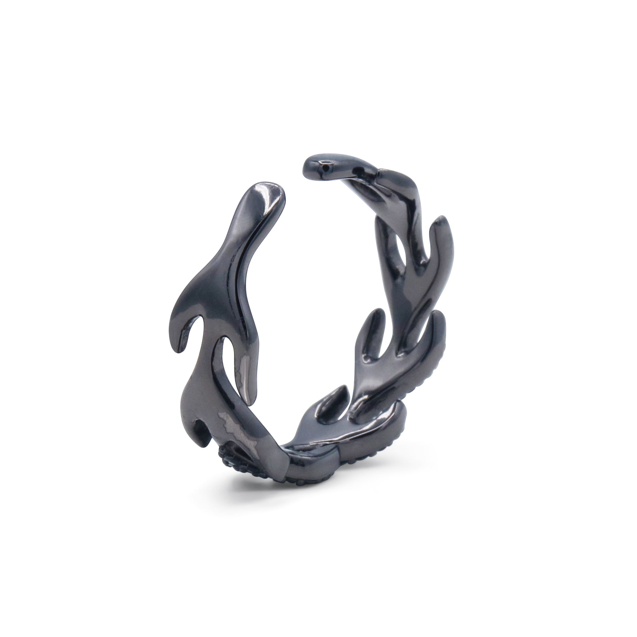 Black Oxidised Open Flame Design Band Ring on White Background - J. Collins Jewelry 