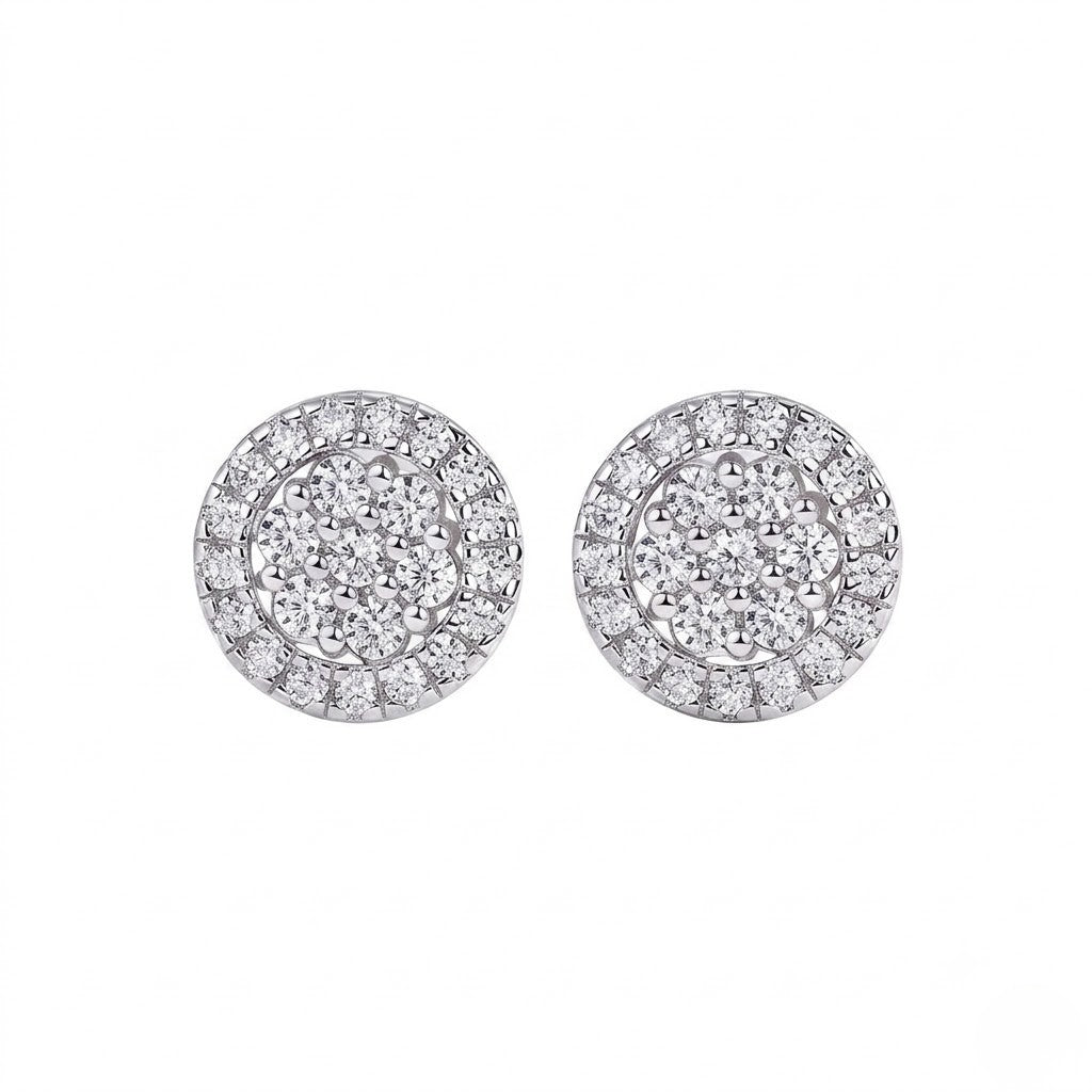 Front and side view of Tiered Rosette stud earrings showing domed pavé tiers and secure push-back closure - J.Collins Jewelry