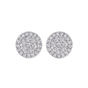Front and side view of Tiered Rosette stud earrings showing domed pavé tiers and secure push-back closure - J.Collins Jewelry