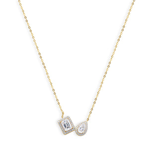 Gold Toi et Moi Emerald-Cut and Pear-Cut Diamond Double Halo Pendant Necklace Full Length View on White Background - J. Collins Jewelry 