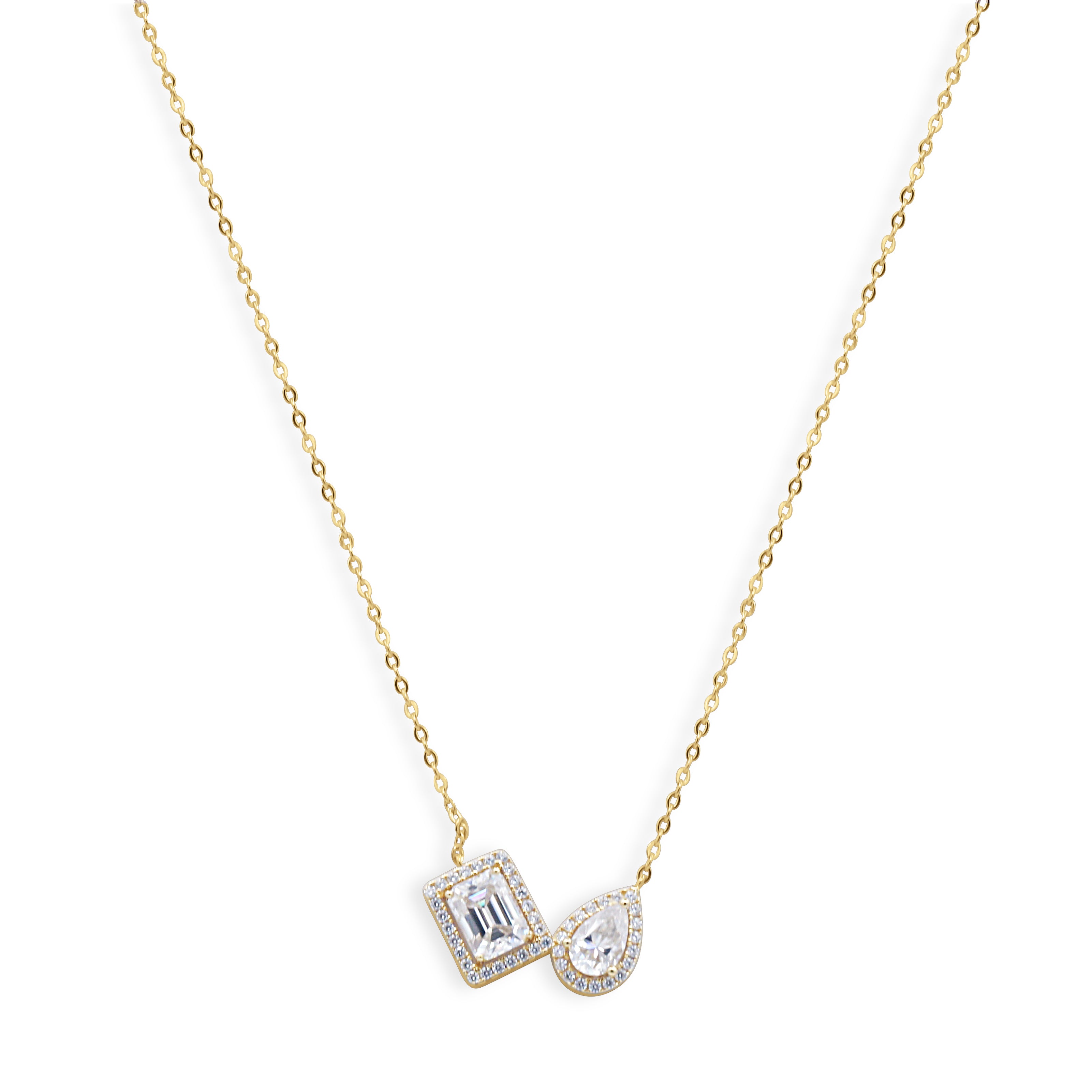 Gold Toi et Moi Emerald-Cut and Pear-Cut Diamond Double Halo Pendant Necklace Full Length View on White Background - J. Collins Jewelry 