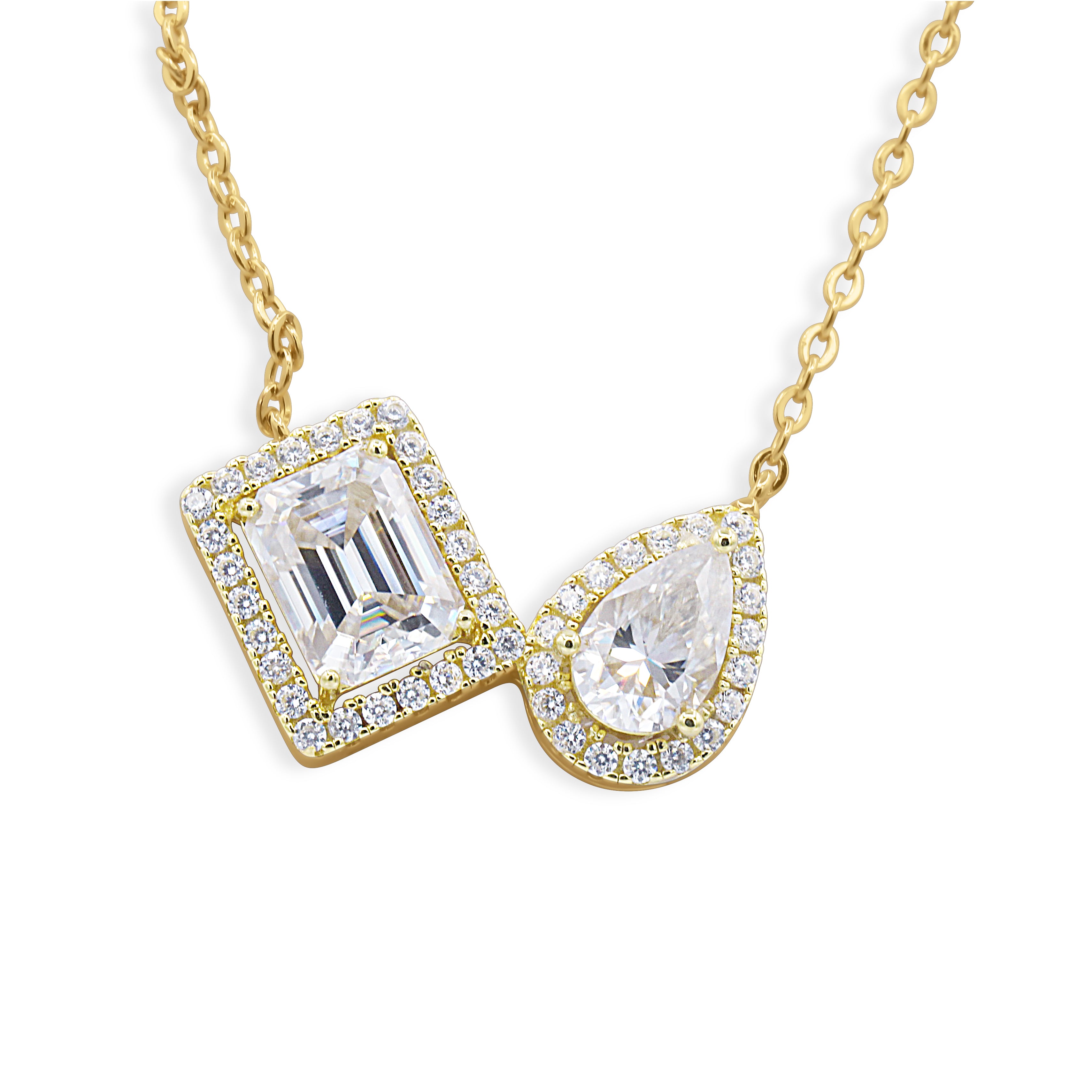Gold Toi et Moi Emerald-Cut and Pear-Cut Diamond Double Halo Pendant Necklace Close-Up on White Background - J. Collins Jewelry 