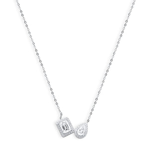 Silver Toi et Moi Emerald-Cut and Pear-Cut Diamond Double Halo Pendant Necklace Full Length View on White Background - J. Collins Jewelry 