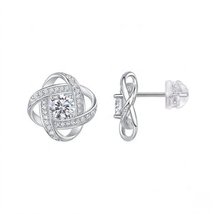 
Front and side view of silver love knot stud earrings showing pavé detail and secure push-back closure - J.Collins Jewelry