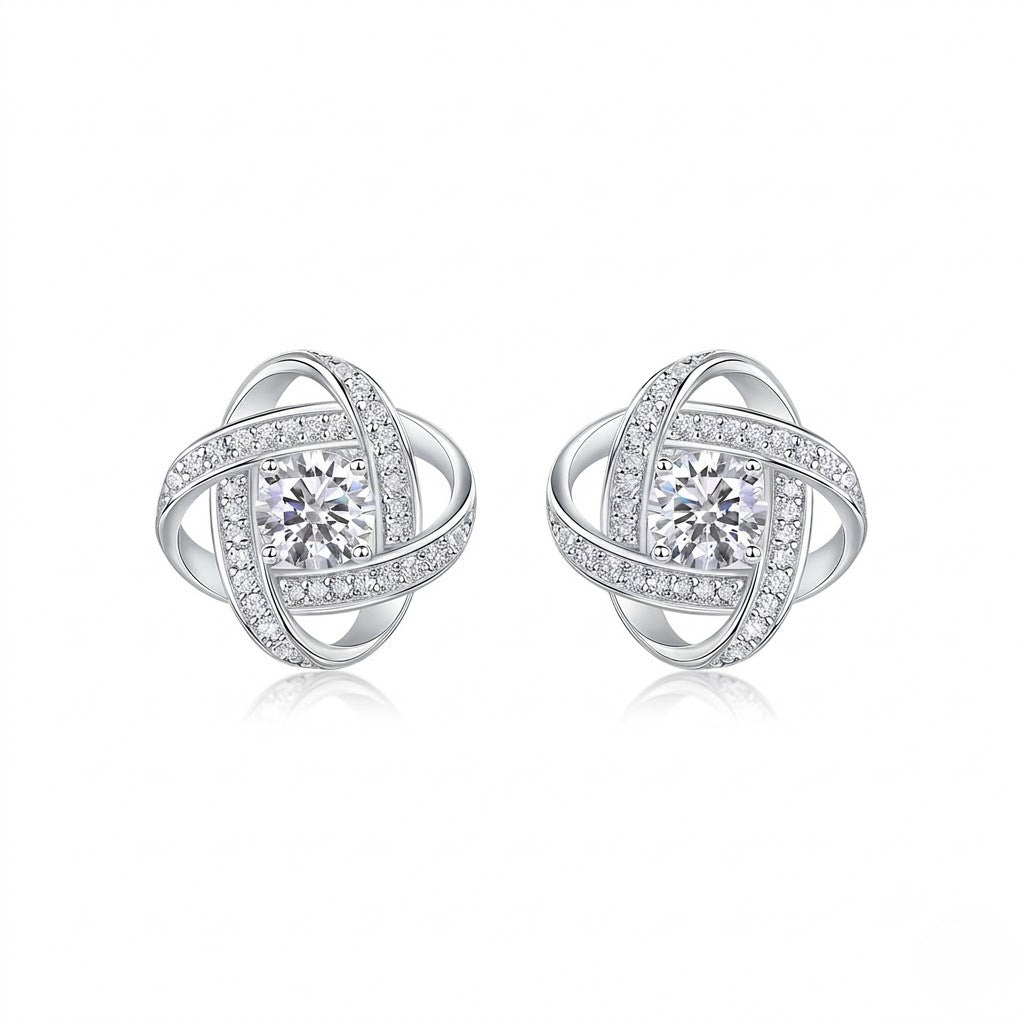 
Sterling silver love knot stud earrings with round cubic zirconia halo pavé setting - J.Collins Jewelry