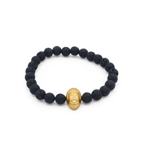 Black beaded bracelet with a gold Buddha charm on a white background-J.Collins Jewery