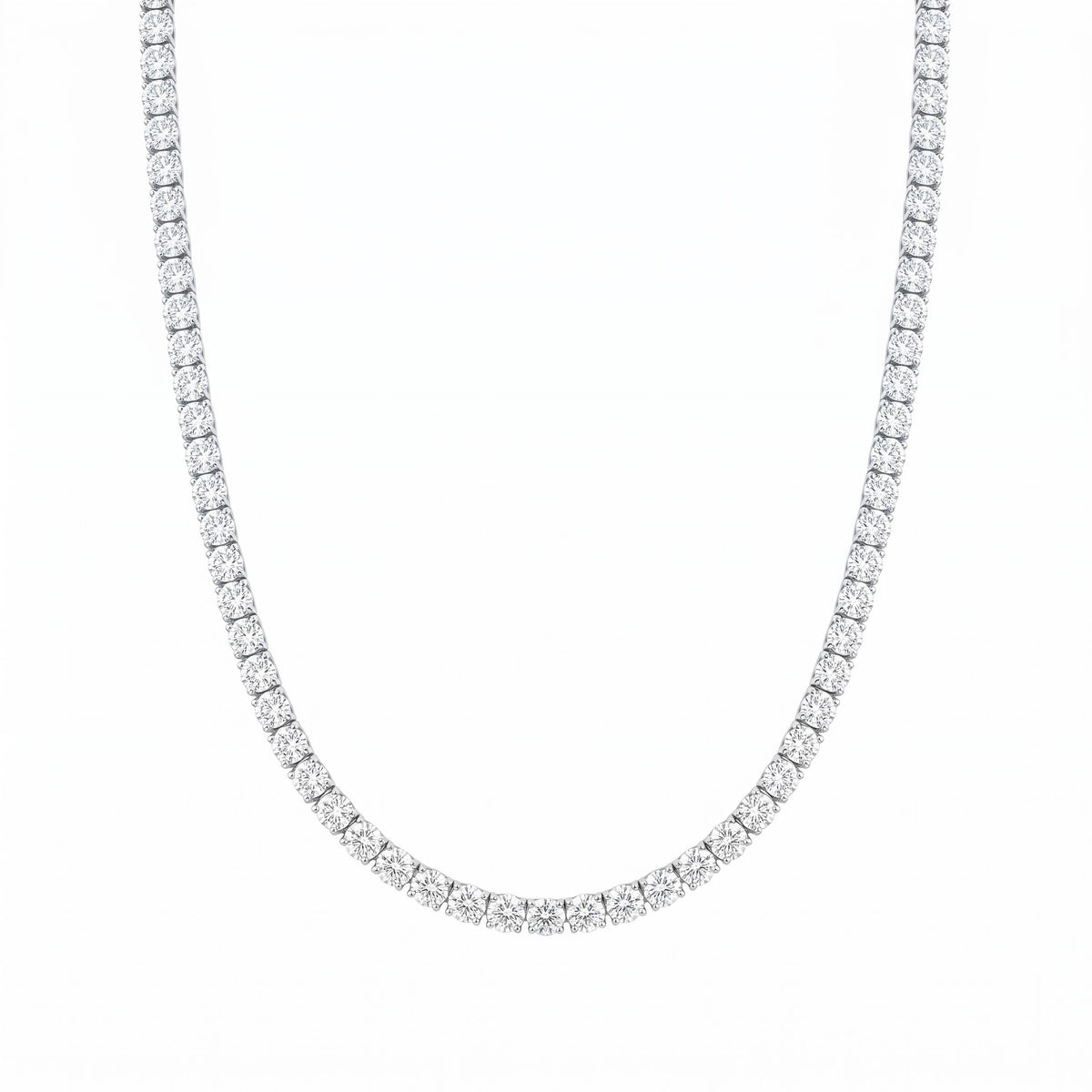 A silver tennis necklace paved with small clear round-cut stones, shown against a plain white background.