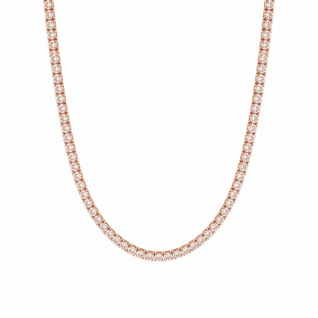A rose gold tennis necklace with a continuous line of small clear gemstones, shown against a plain white background.