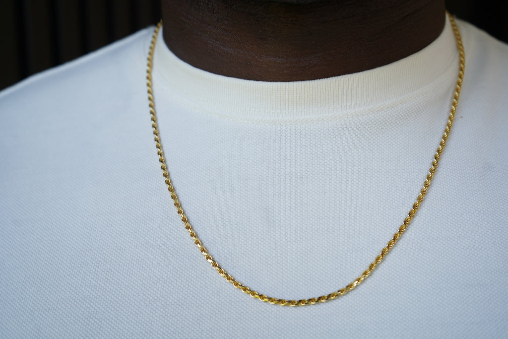 Gold chain necklace on a mannequin with a white shirt-Vermiel-Rope-Chain-JCollins-Jewelry