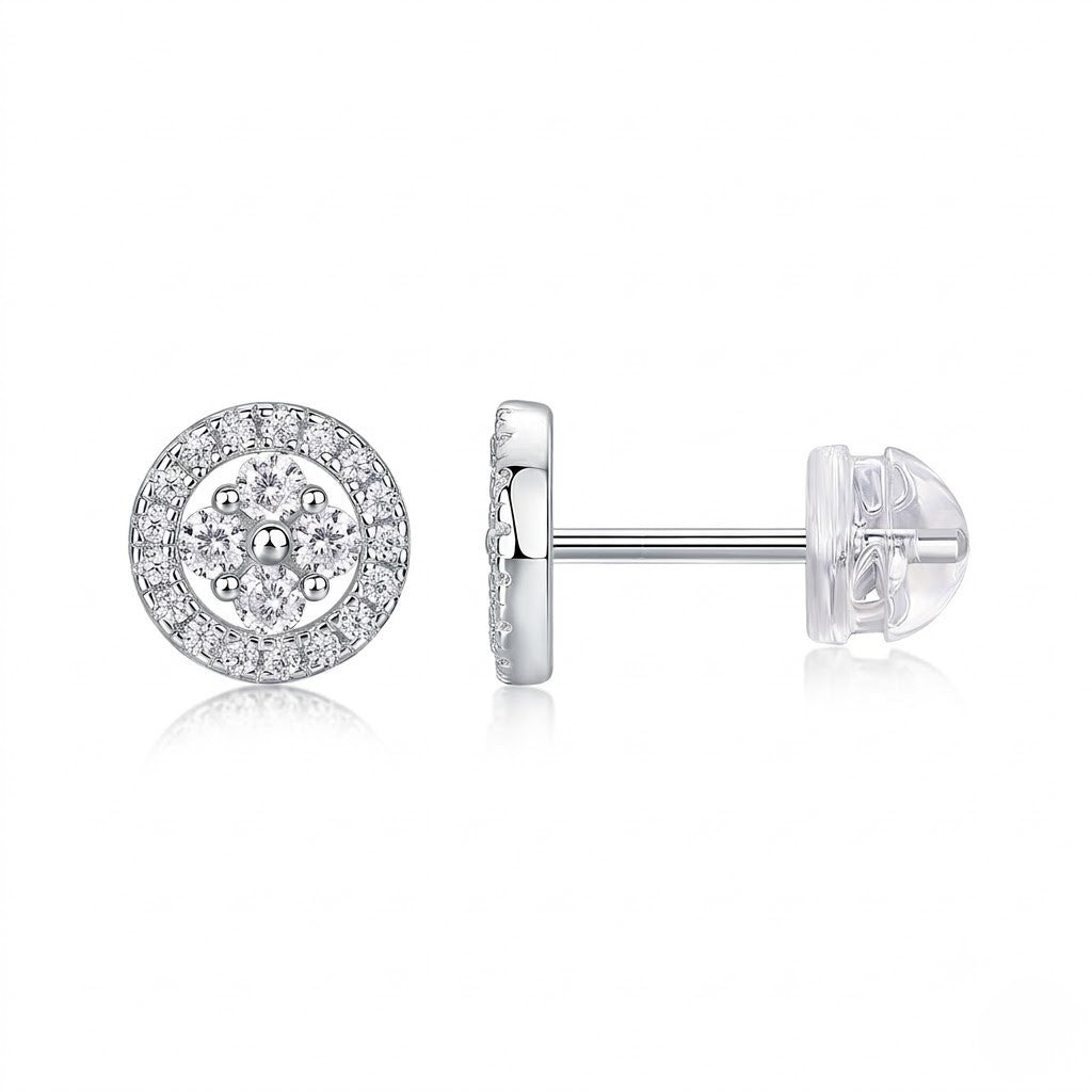 Pair of sterling silver round halo cluster stud earrings with cubic zirconia pavé detail - J.Collins Jewelry 