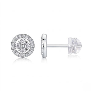 Pair of sterling silver round halo cluster stud earrings with cubic zirconia pavé detail - J.Collins Jewelry 