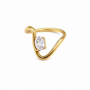 Minimalist gold ring featuring a fluid wave band and a sparkling oval-cut solitaire gemstone isolated on a white background | J.Collins Jewelry