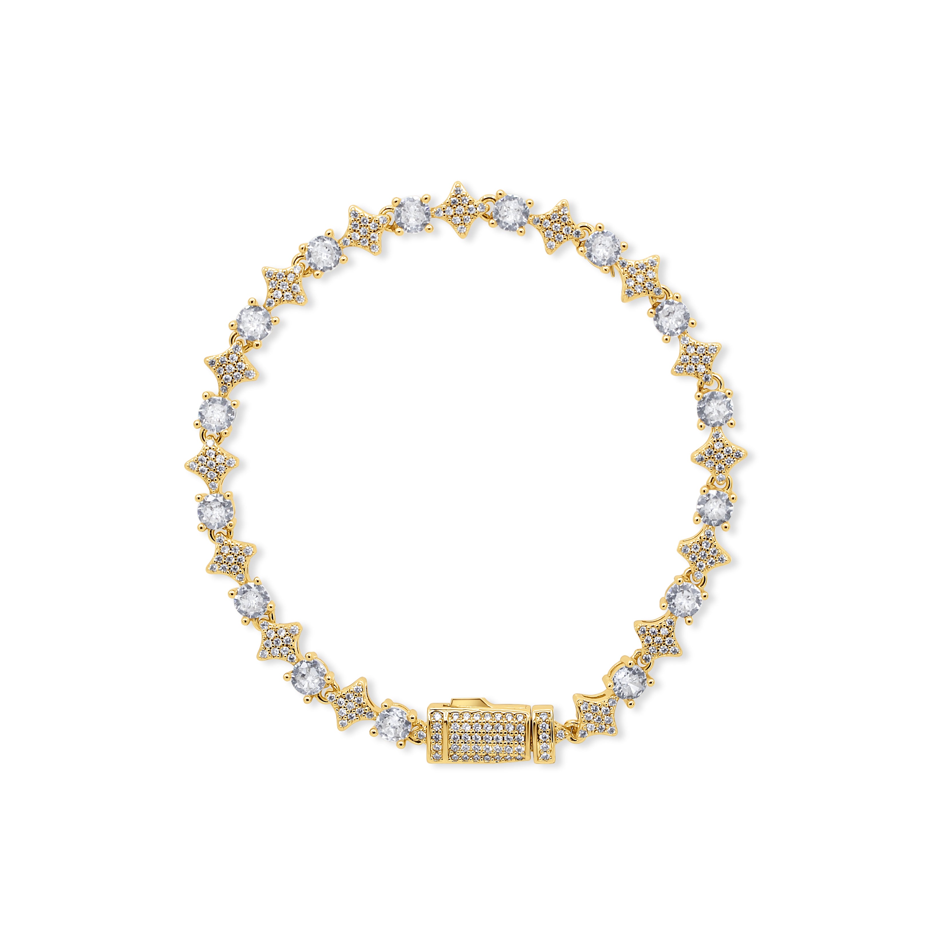 Gold bracelet with diamond-like stones on a white background-White-stone-tennis-JCollins