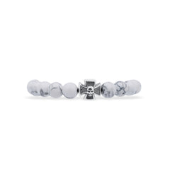Bracelet with white beads and a central silver cross charm on a white background-J.Collins Jewelry