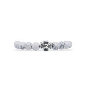 Bracelet with white beads and a central silver cross charm on a white background-J.Collins Jewelry