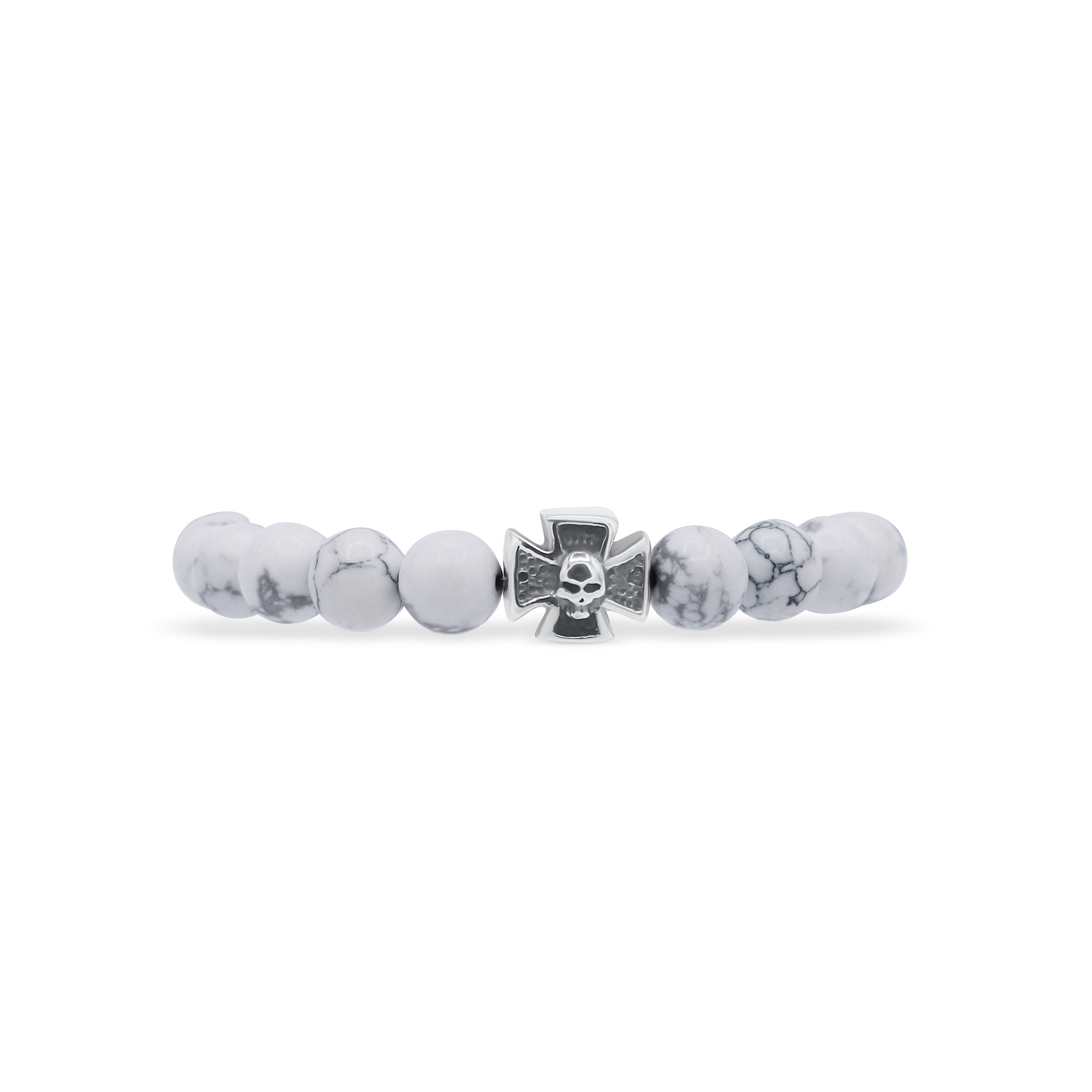 Bracelet with white beads and a central silver cross charm on a white background-J.Collins Jewelry