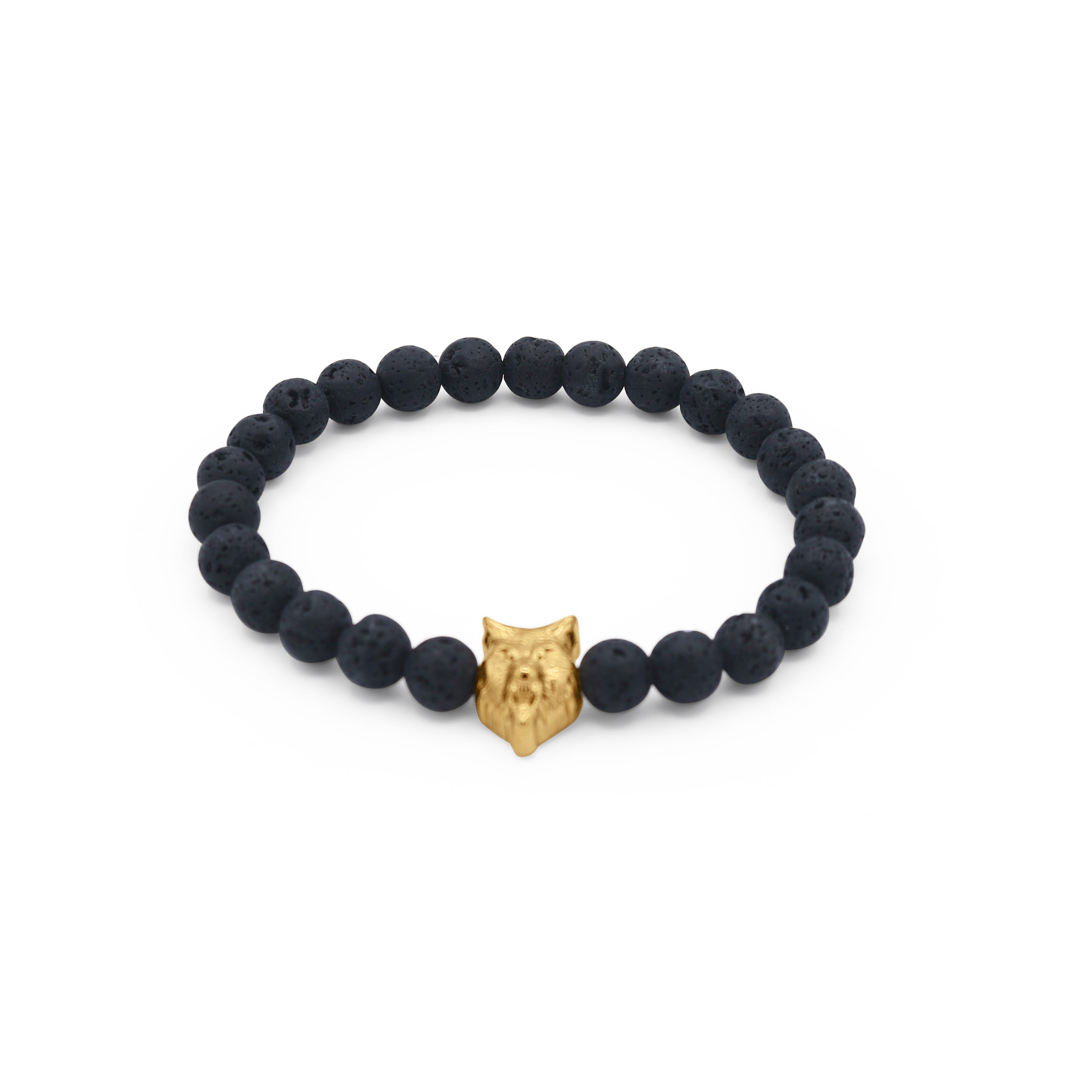 Black beaded bracelet with a gold lion head charm on a white background-J.Collins Jewelry