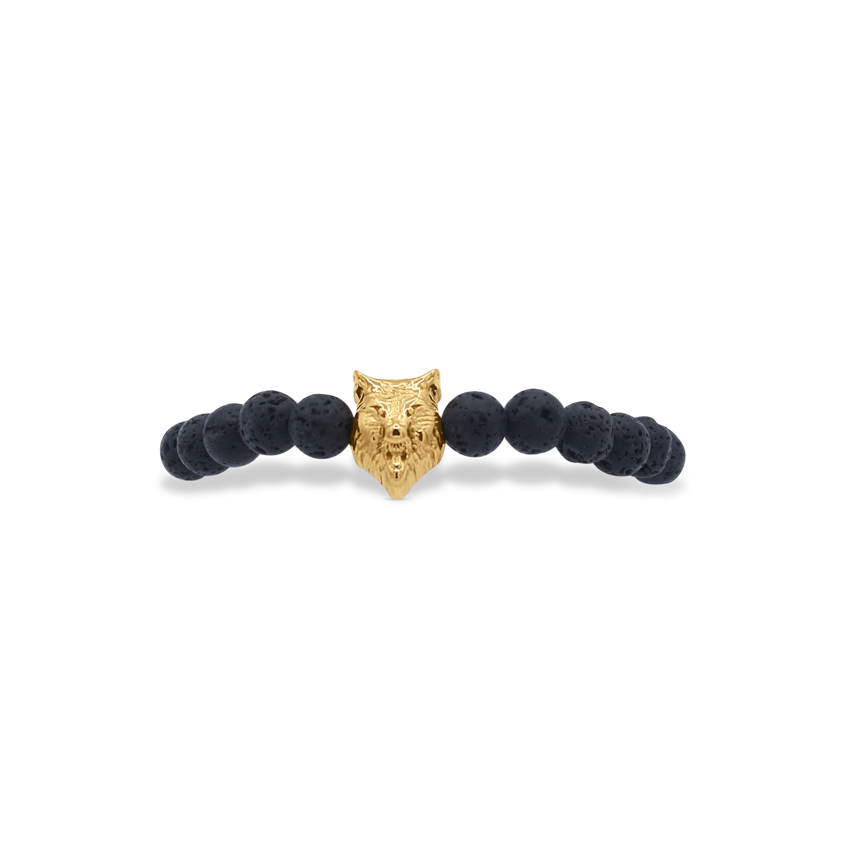 Bracelet with black beads and gold panther head charm on a white background- J.Collins Jewelry