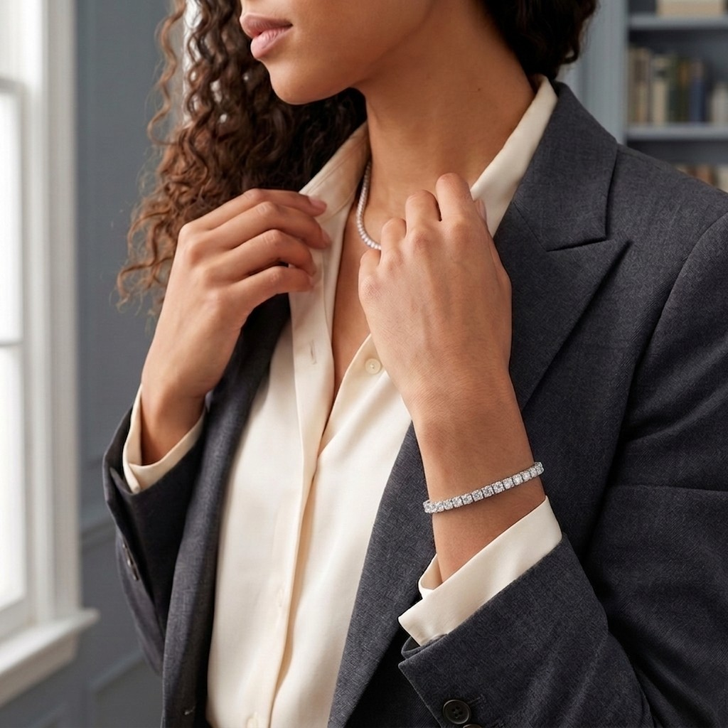 Woman wearing diamond tennis necklace and matching diamond tennis bracelet styled with grey blazer and white shirt in elegant office setting - Women Tennis Bracelet- J.Collins Jewelry 