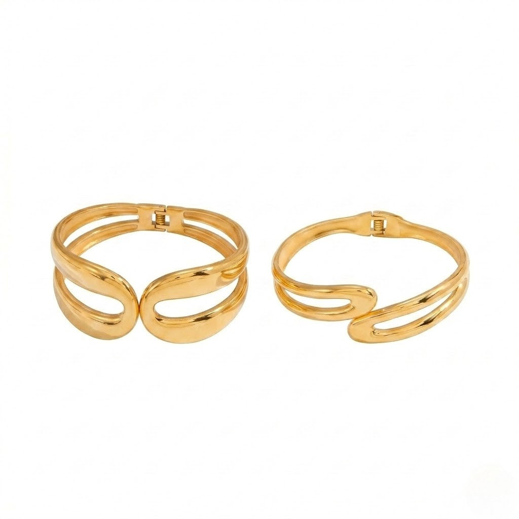 Gold Omega Flow Bracelet set with modern, swirling design on white background
