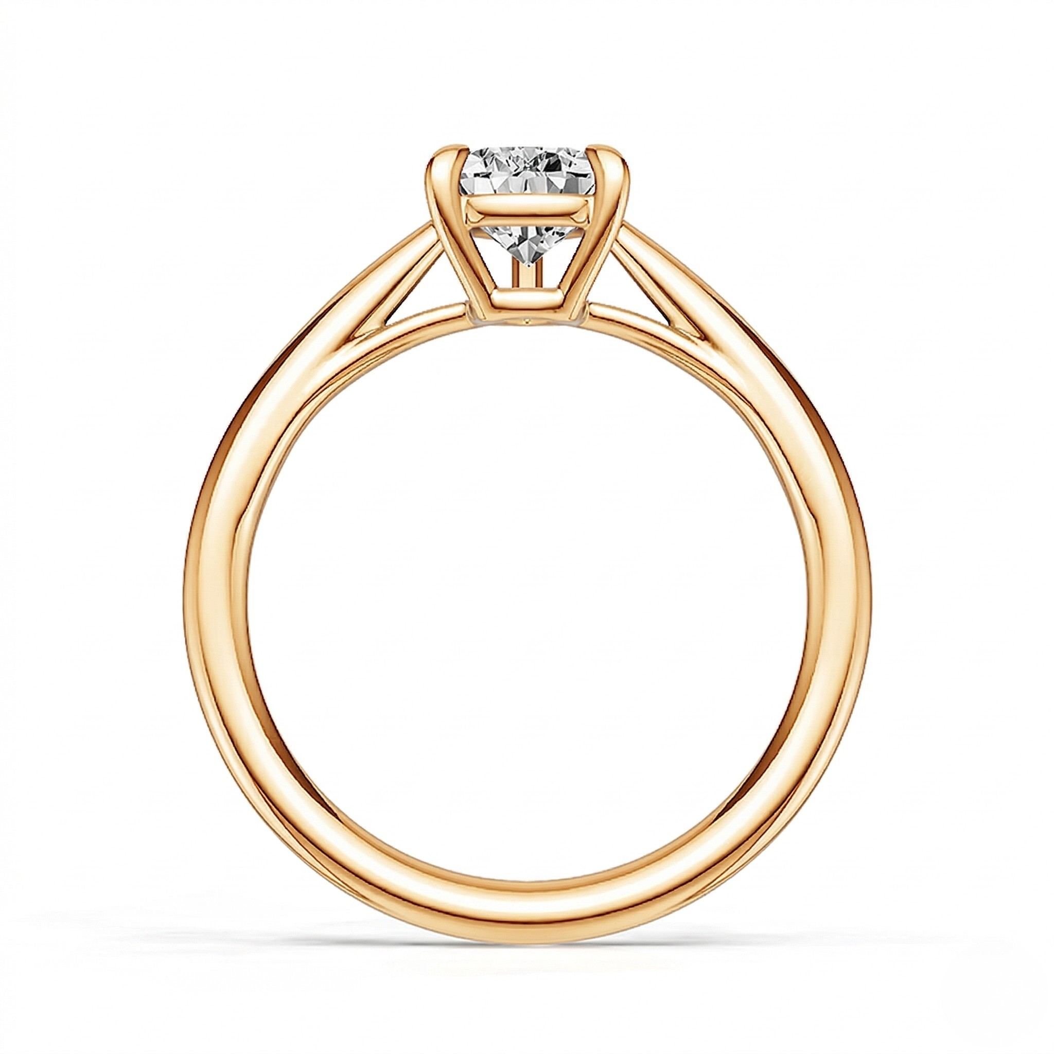 14K rose gold ring with 1.07ct lab diamond solitaire setting, side view showing band and prongs