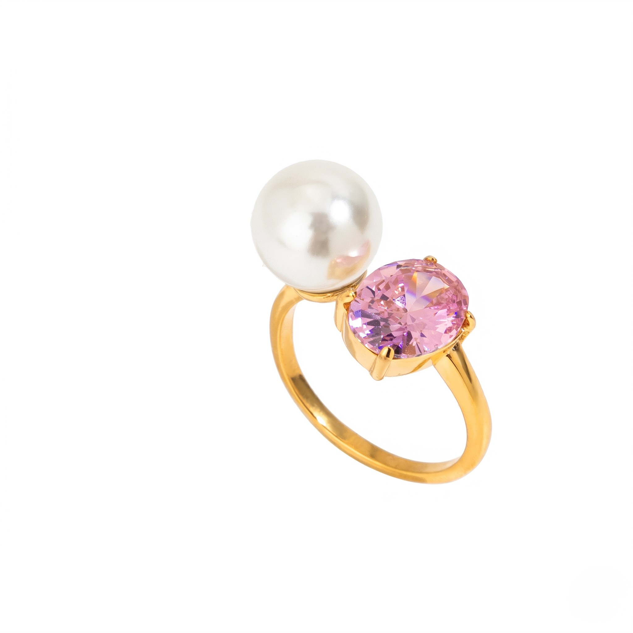Gold ring with a white pearl and pink gemstone on a white background