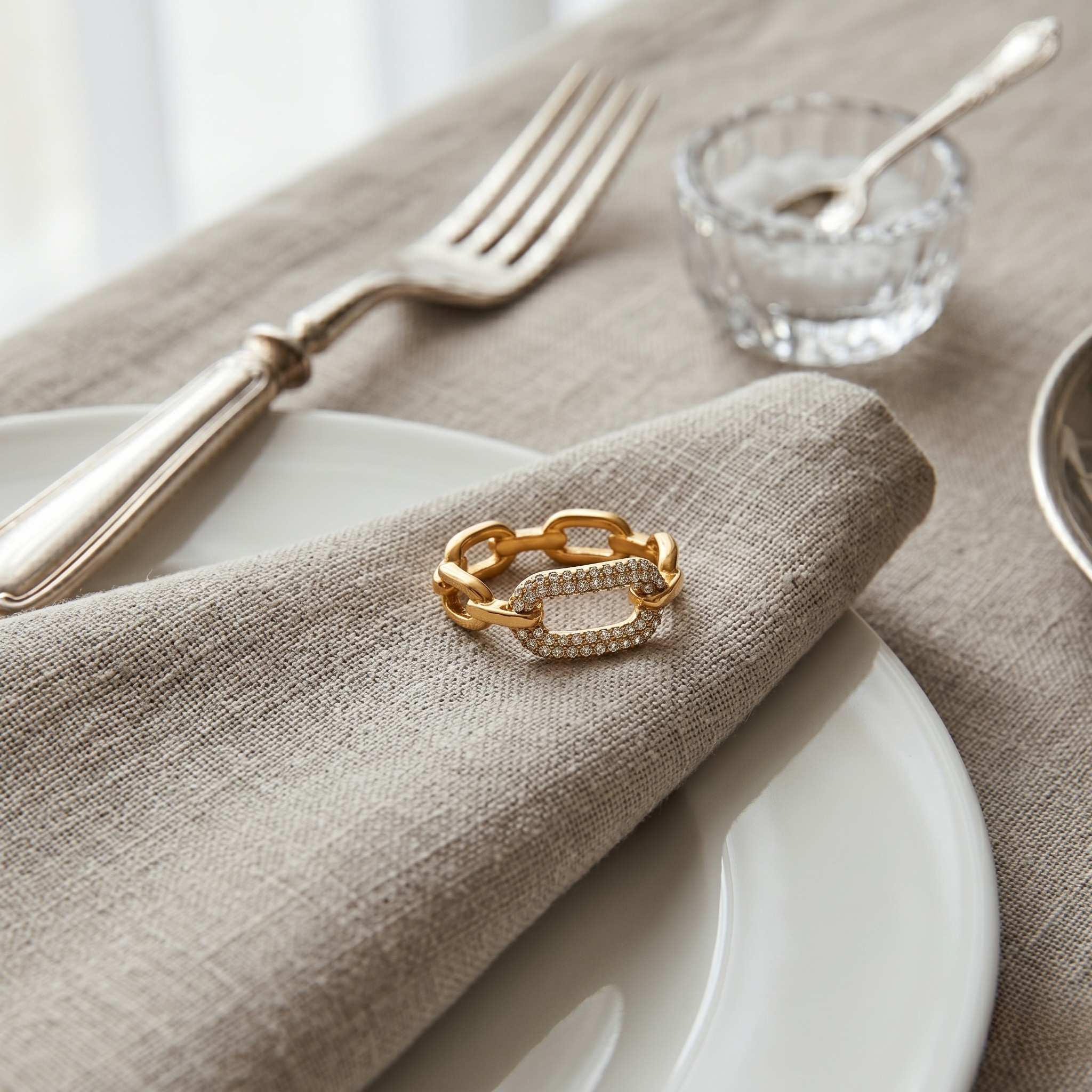 Gold chain link ring with diamond accents on a beige linen napkin, surrounded by silverware on a dining table.