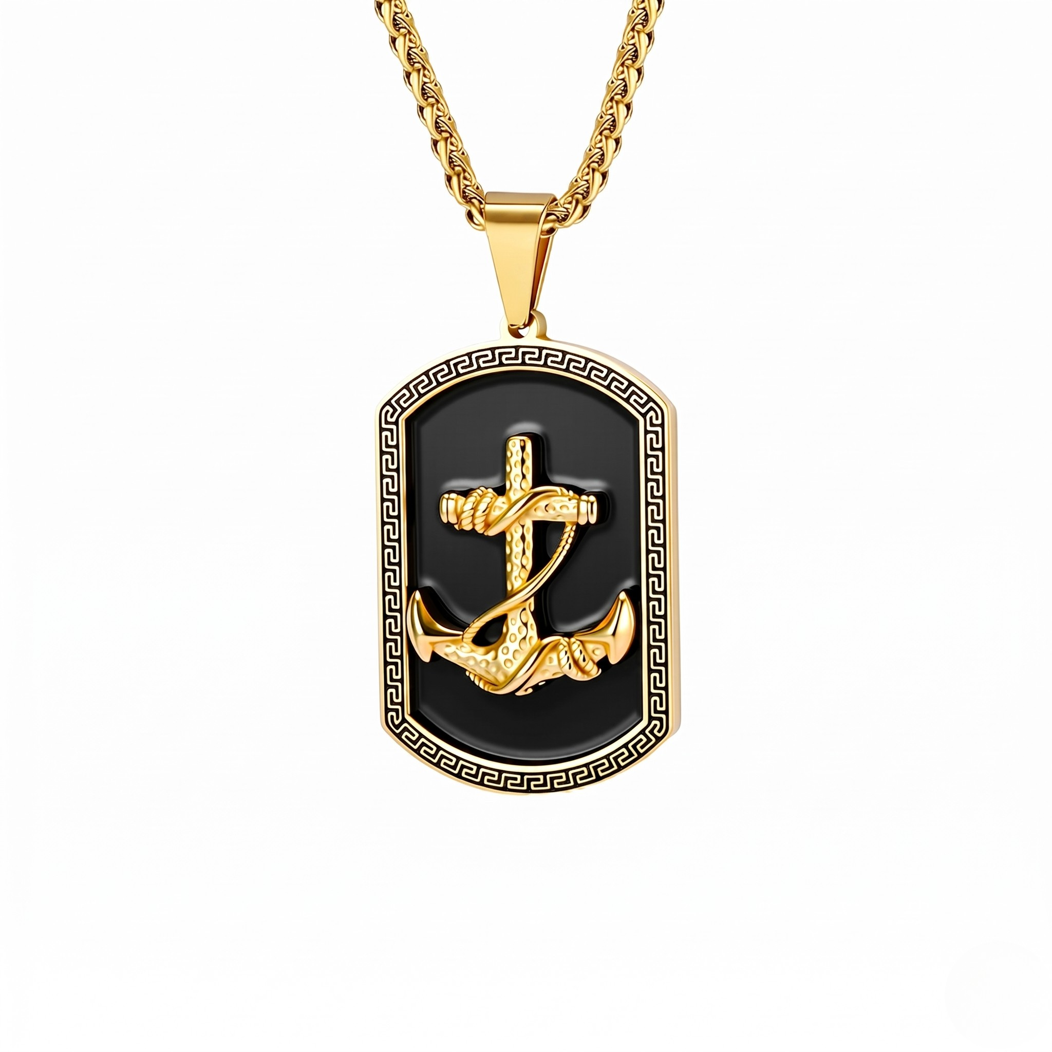 Gold anchor pendant on black enamel with chain, Greek key border, nautical theme, J.Collins Jewelry.