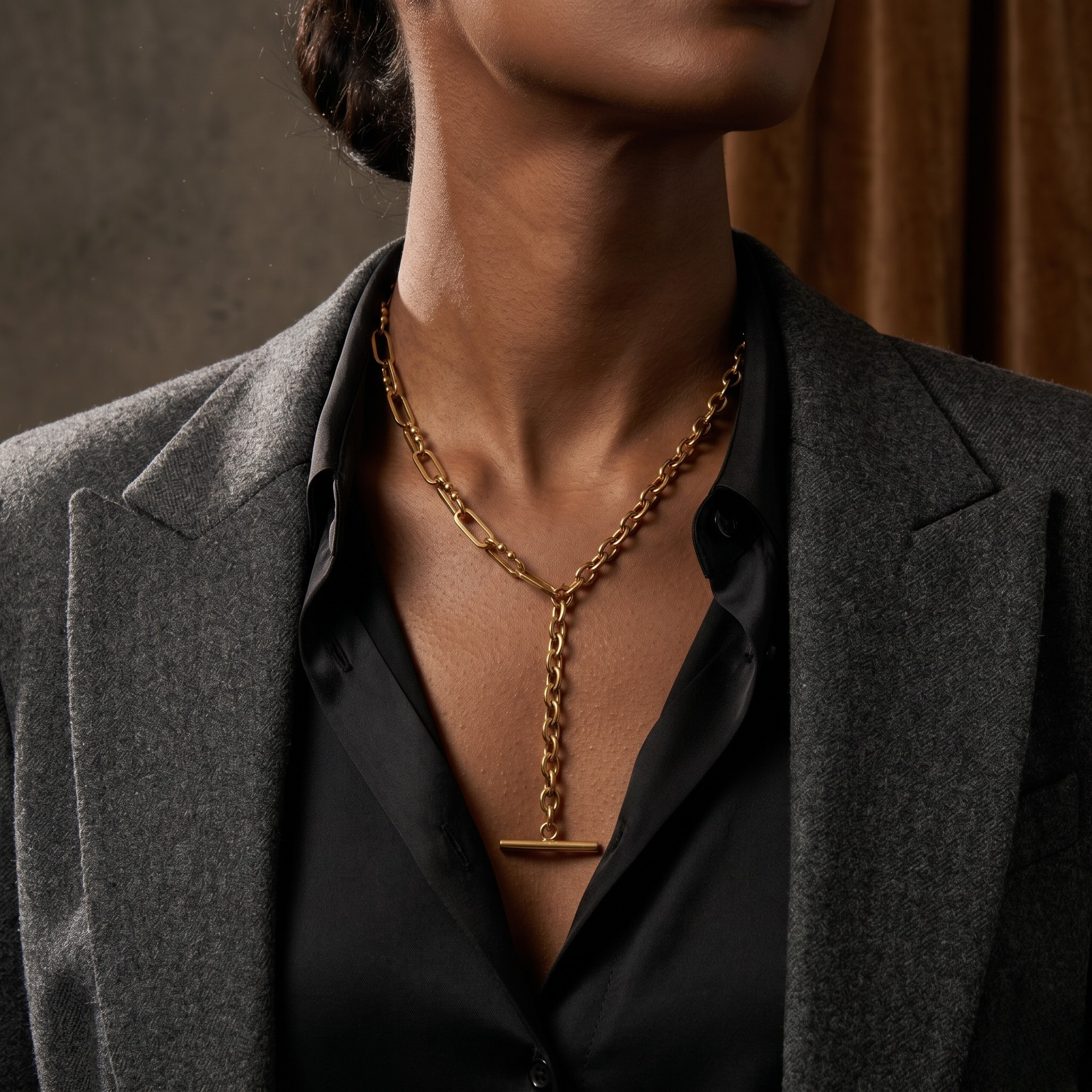 18k gold paperclip choker chain on a model wearing a black shirt and gray blazer