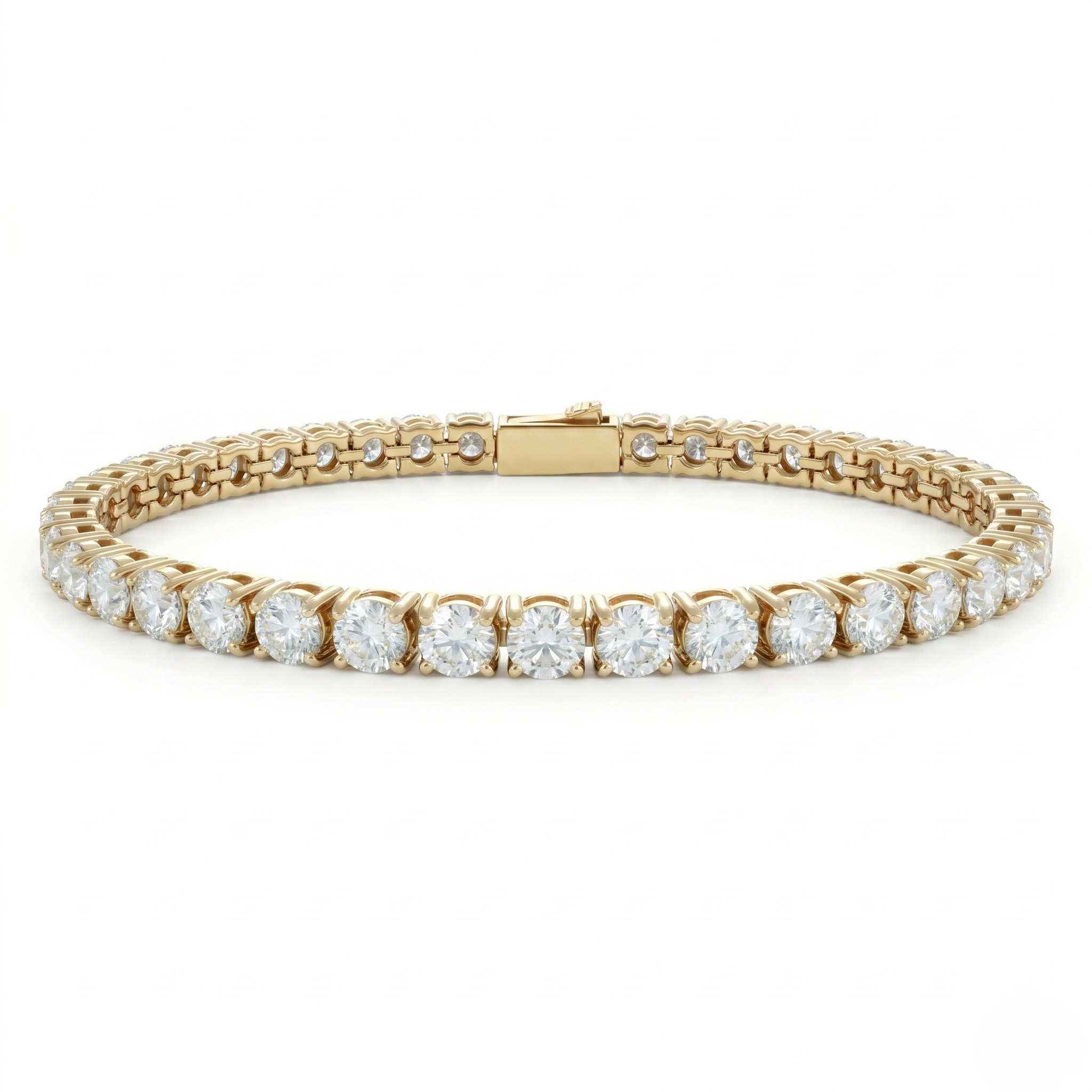 Gold tennis bracelet with round diamonds, 5mm width, featuring a classic design and secure clasp.