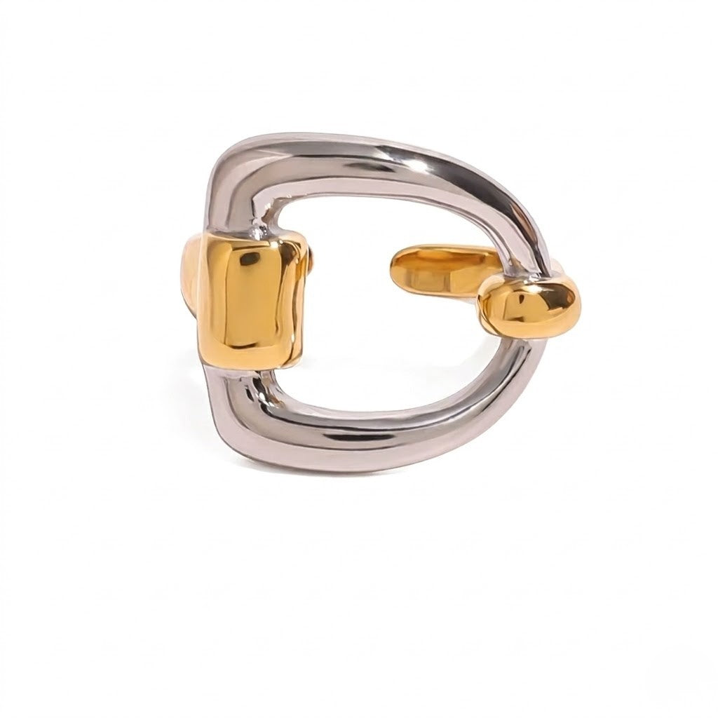 Curb Buckle Ring, mixed metals; silver tone with gold accents, modern style