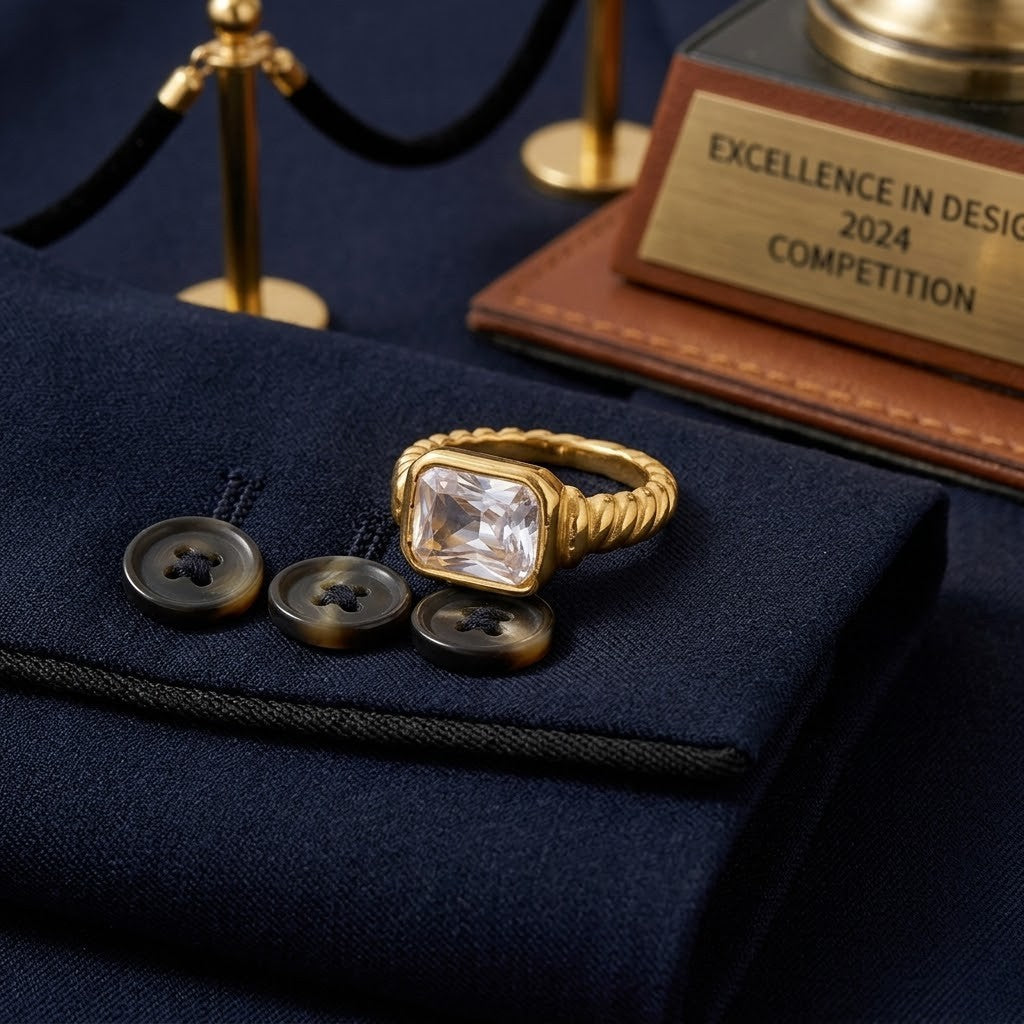 Premier Bezel Ring in gold on navy fabric next to award trophy and buttons