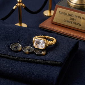 Premier Bezel Ring in gold on navy fabric next to award trophy and buttons