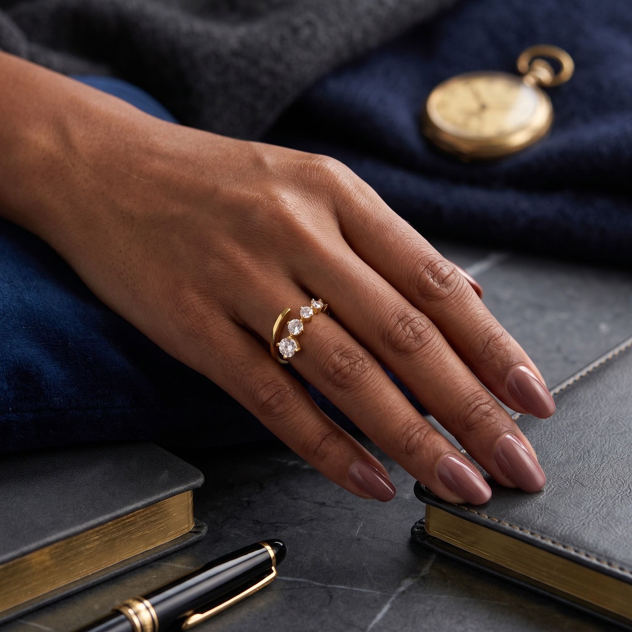 Gold prongs ring with clear stones on hand, surrounded by books and a pocket watch.