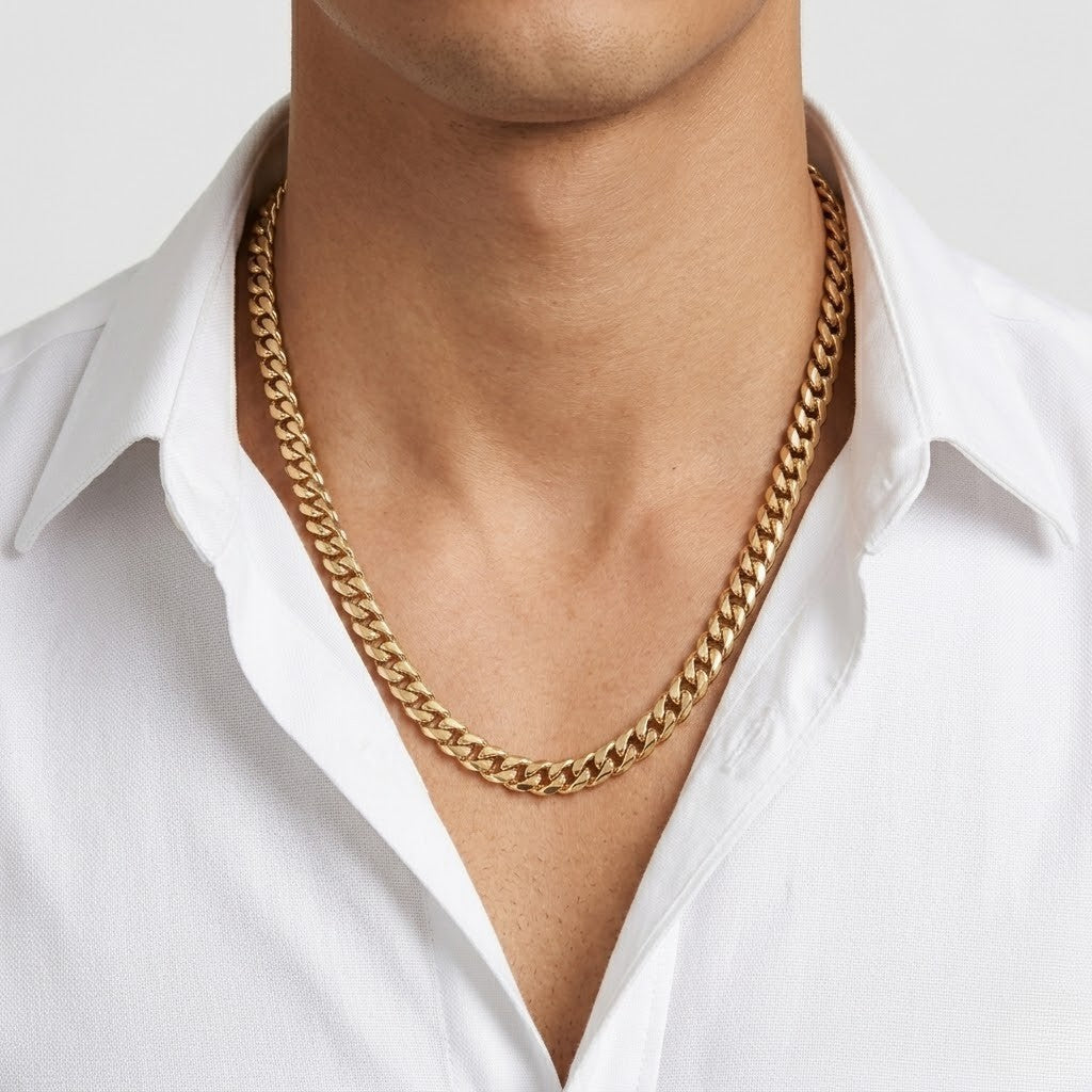 Gold Miami Cuban Link Necklace 5mm on person wearing white shirt