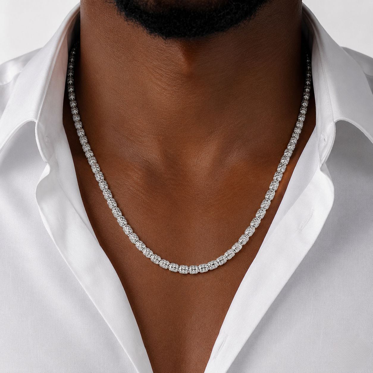 Vermeil gold link necklace 4mm worn over a white shirt, showcasing elegant and stylish jewelry design