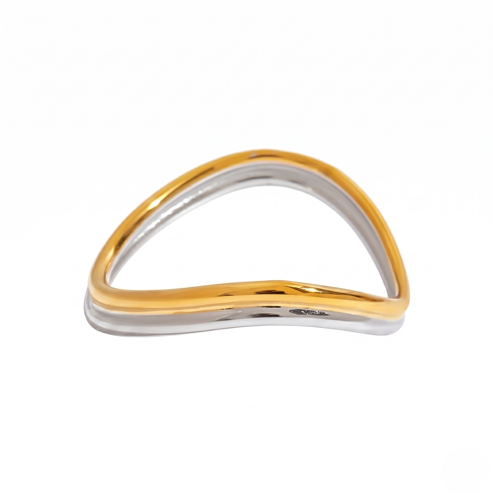 Bi-Color Arc Bracelet in yellow and white metal, minimalist curved design, isolated on white background
