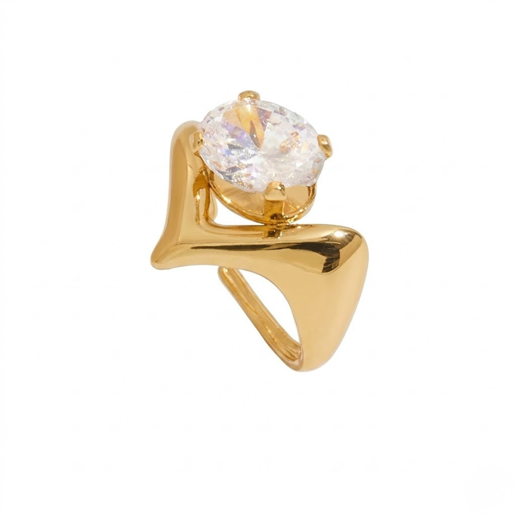 Gold ring with an abstract design and a large oval gemstone setting, named Nova Point Ring.