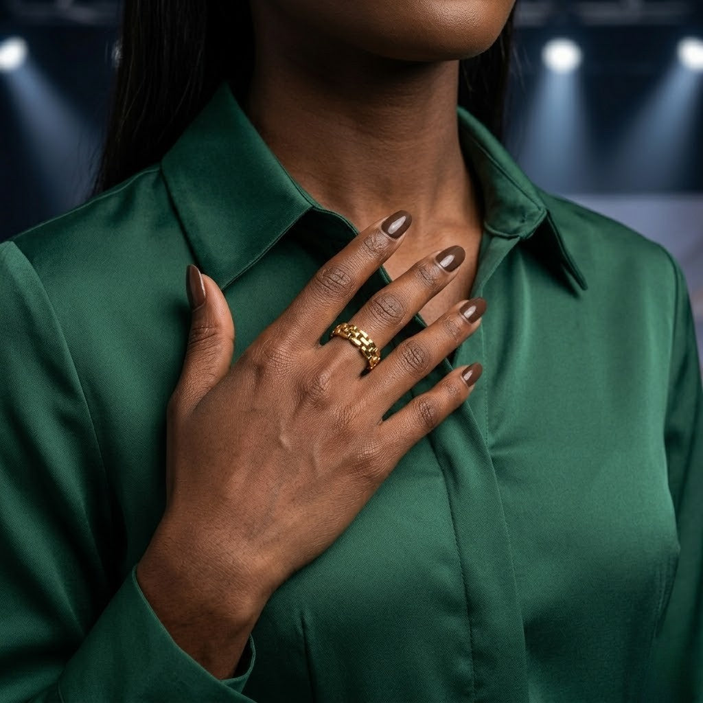 Woman wearing gold Masonry Linked Ring, hand on chest, green satin blouse, on a fashion runway background.