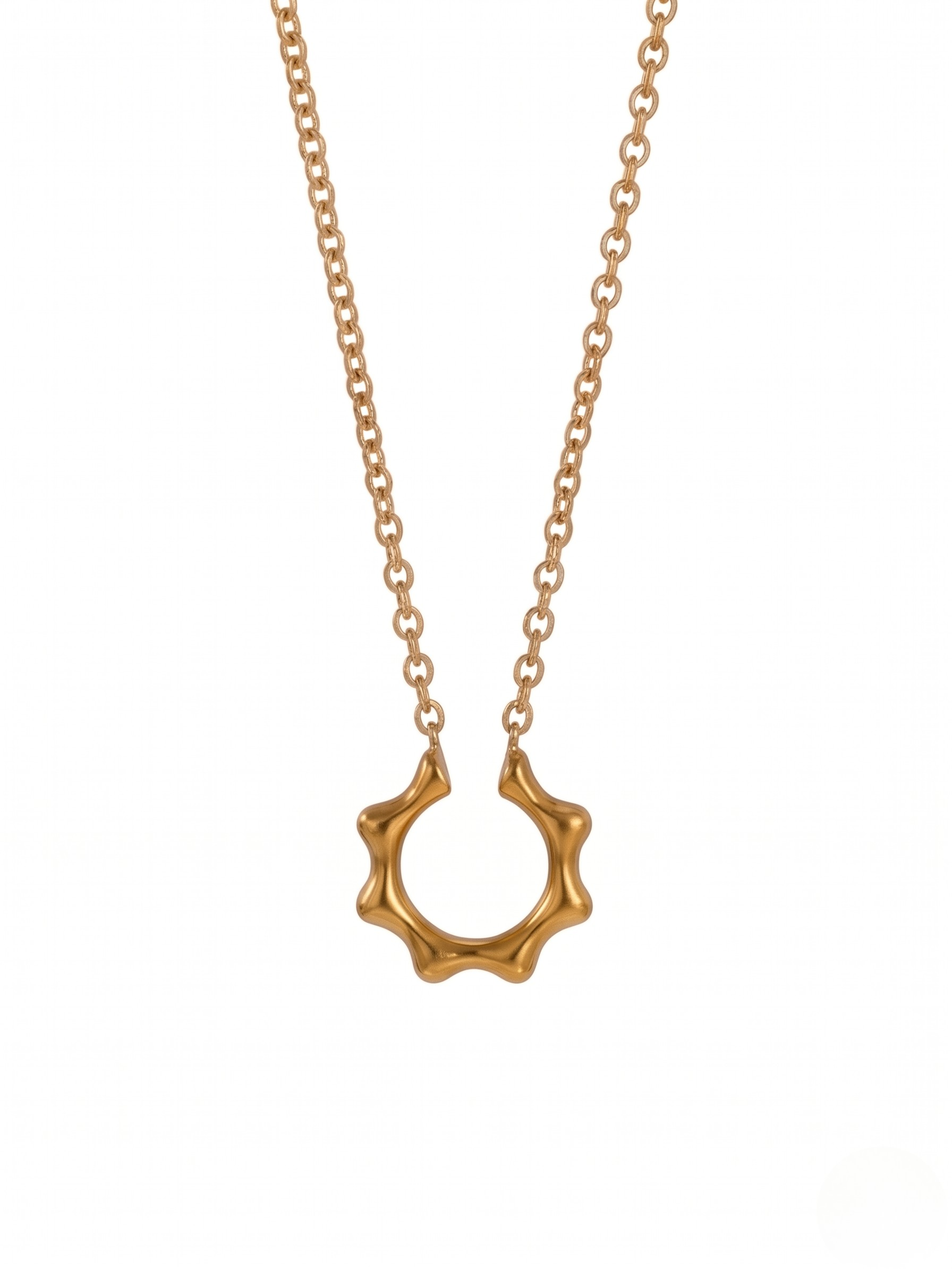 Gold pendant necklace with a sunburst design and delicate chain, Noble Ray Pendant by J.Collins Jewelry.
