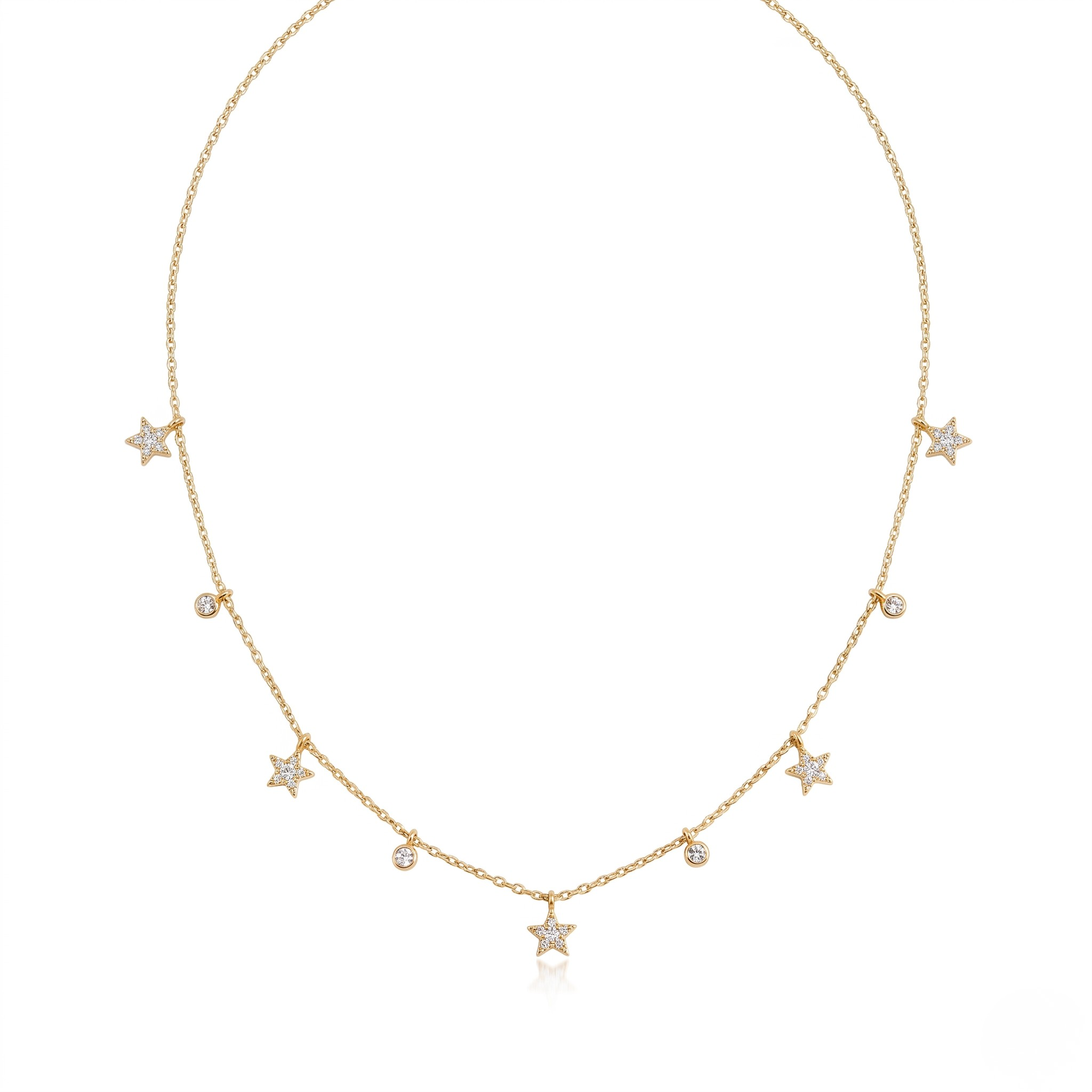 Gold necklace with star and diamond droplet charms, delicate chain style.