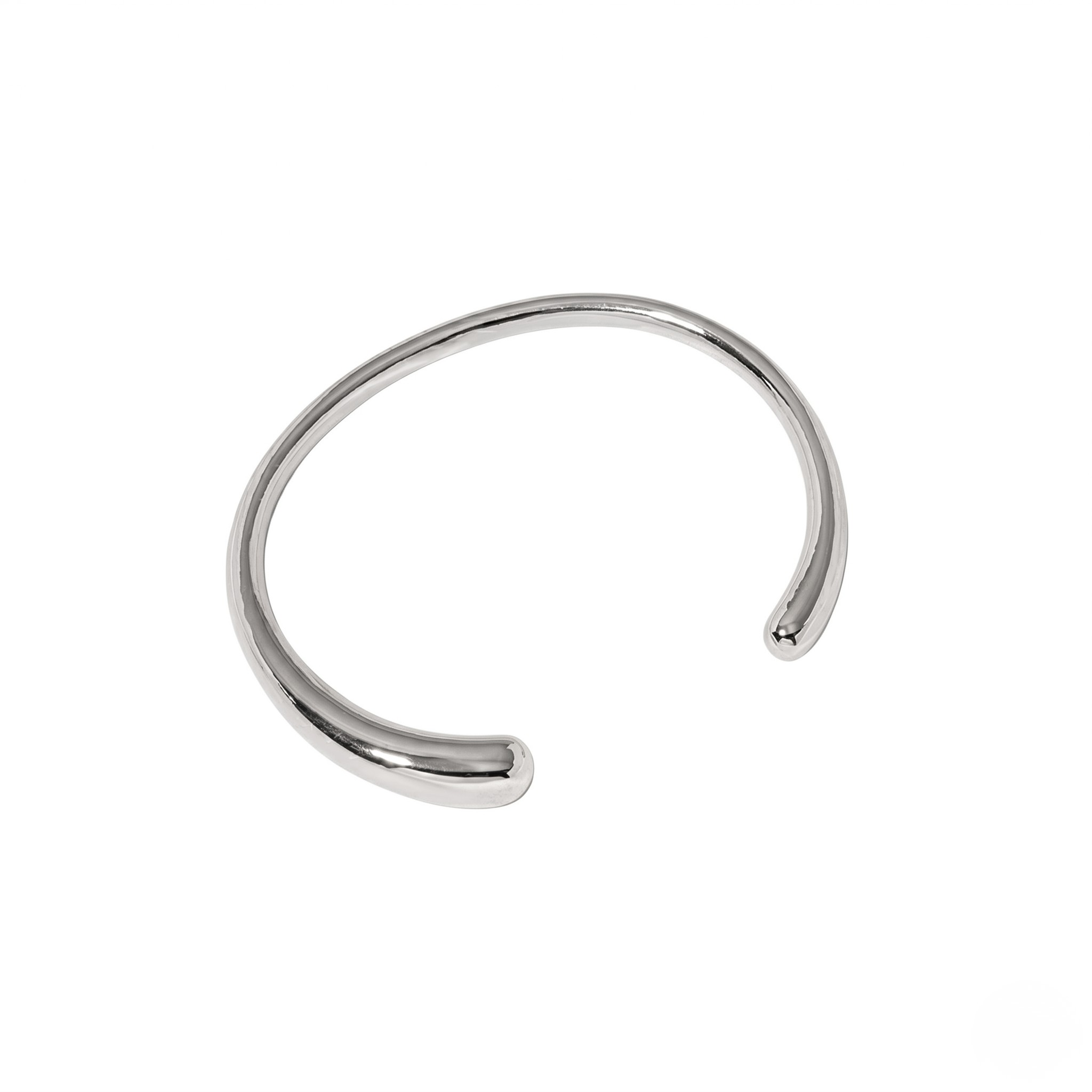 Silver essential cuff bracelet in minimalist style on white background