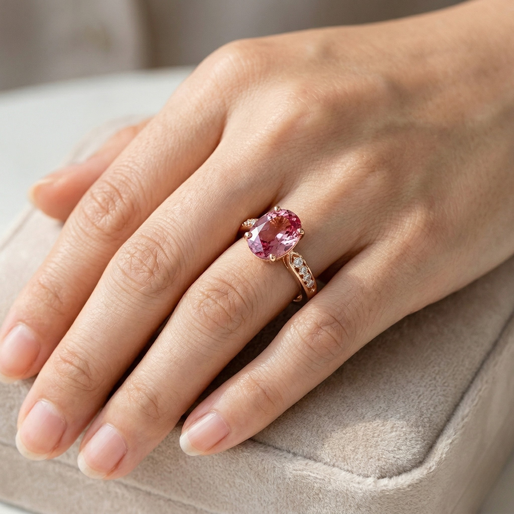 18K rose gold ring with pink gemstone on hand, displayed on a velvet cushion